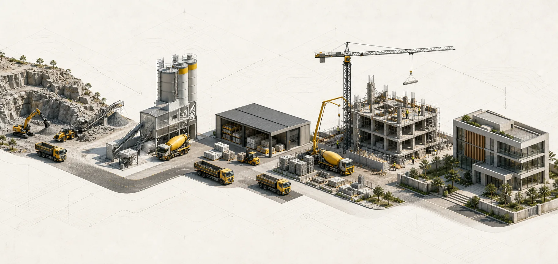 Ilustração do ecossistema integrado GES, da pedreira ao edifício concluído
